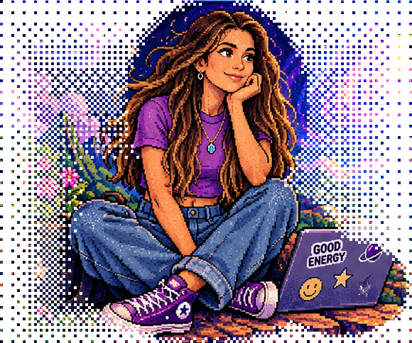 Pixel-art Francesca sitting cross-legged on a cliff at night, chin in hand, long brown hair, purple tee, jeans and purple high-tops, a laptop with a Good Energy sticker beside her.