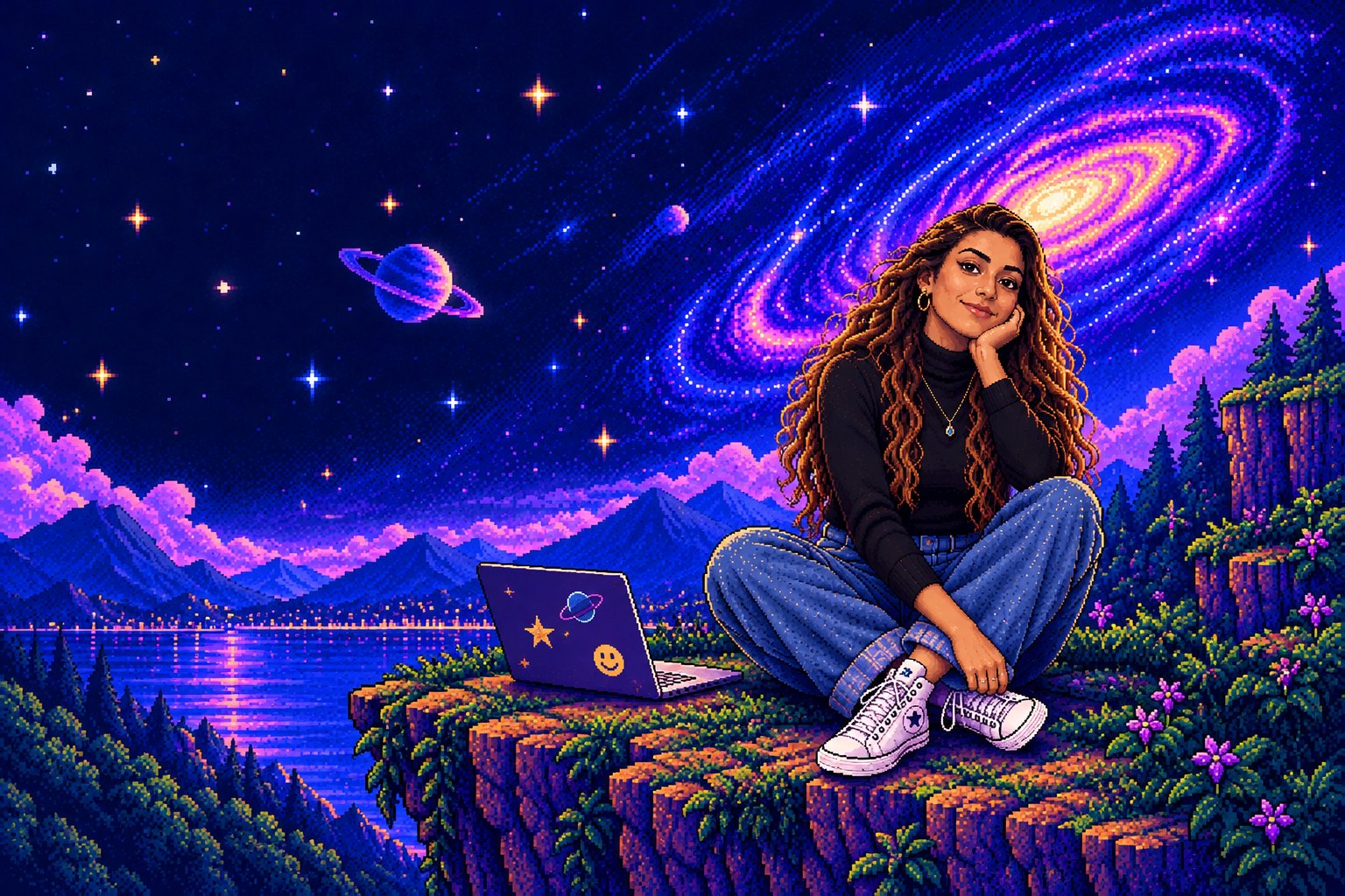 Pixel-art Francesca sitting cross-legged on a mossy cliff at night, chin in hand, long curly hair, black turtleneck, jeans and white high-tops, her laptop open on the rock to her left, a spiral galaxy and a ringed planet in the sky over a lake and mountains.