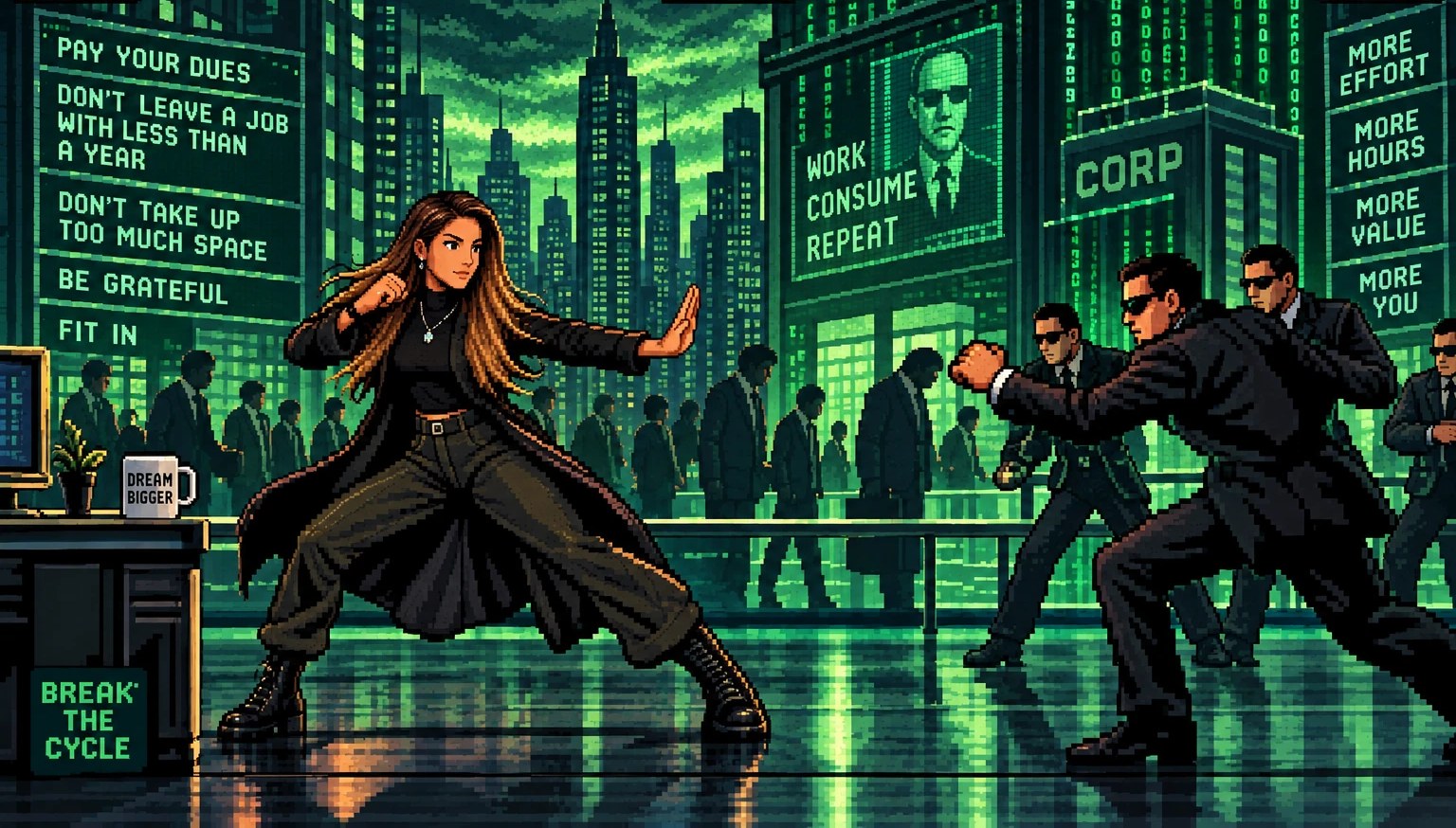 Pixel-art Matrix stage: Francesca in a black trench coat squares off against agents in suits. Green signs read Pay your dues, Don't leave a job with less than a year, Don't take up too much space, Be grateful, Fit in, Work consume repeat, and Break the cycle.