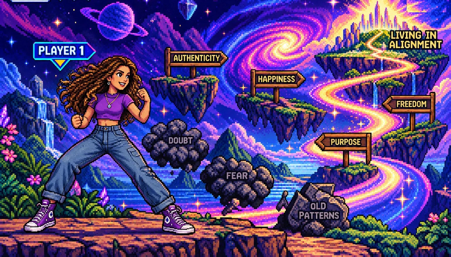 Pixel-art stage: Francesca in a fighting stance on a cliff. Dark clouds labeled Doubt and Fear and a rock labeled Being Put in a Box block a glowing path past signposts to a crystal city labeled Living in Alignment.